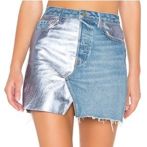 NWT GRLFRND Milla Metallic Leather Panel Denim Skirt